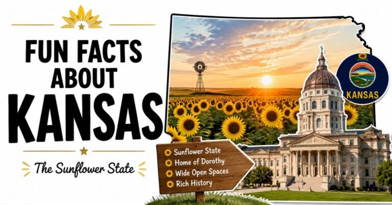 Fun facts about Kansas featuring sunflowers, the Kansas State Capitol, prairie landscape, and windmill.