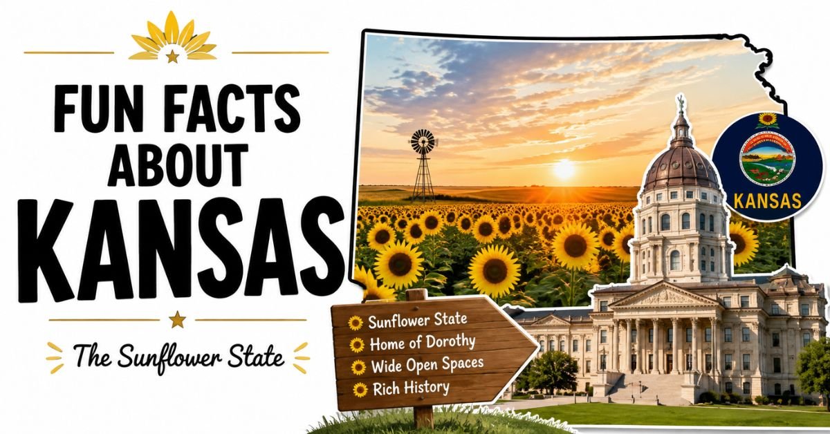 Fun facts about Kansas featuring sunflowers, the Kansas State Capitol, prairie landscape, and windmill.