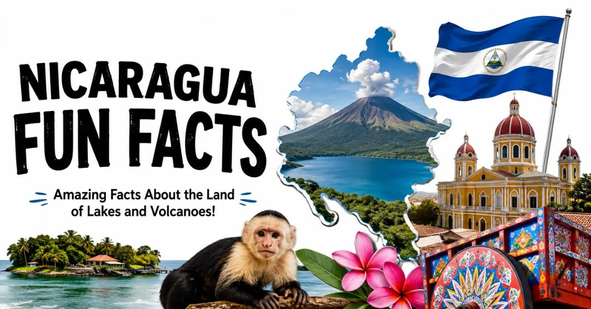 Nicaragua Fun Facts featuring the Nicaragua flag, volcano, lake, map, cathedral, tropical scenery, and wildlife.