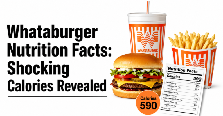 Whataburger nutrition facts showing calories, burger, fries, and drink