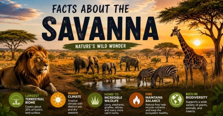 Facts About the Savanna featuring lions, elephants, giraffes, zebras, acacia trees, and a golden African savanna landscape.