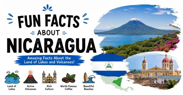 Fun facts about Nicaragua featuring volcanoes, lakes, the Nicaragua flag, colorful architecture, coffee, and beautiful beaches.