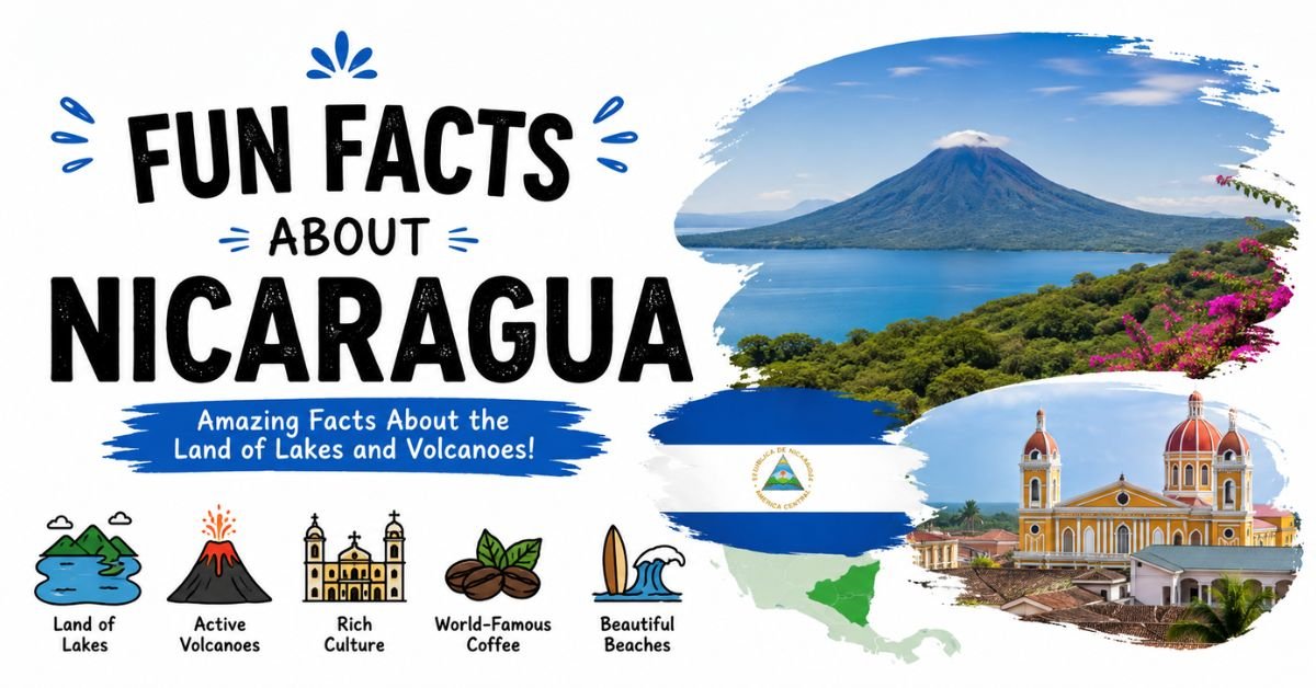 Fun facts about Nicaragua featuring volcanoes, lakes, the Nicaragua flag, colorful architecture, coffee, and beautiful beaches.