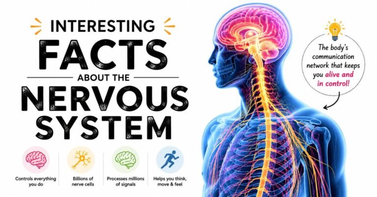 Interesting facts about the nervous system with an anatomical illustration of the brain, spinal cord, and nerves.