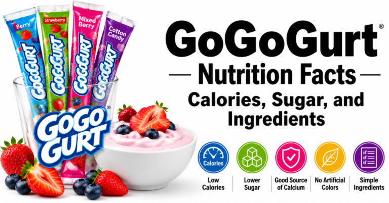 GoGoGurt nutrition facts showing calories, sugar, and ingredients with colorful GoGoGurt yogurt tubes