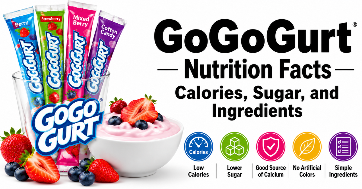 GoGoGurt nutrition facts showing calories, sugar, and ingredients with colorful GoGoGurt yogurt tubes