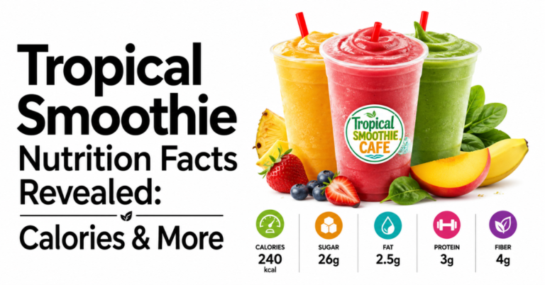 Tropical Smoothie nutrition facts revealed with colorful smoothies, calories, sugar, fat, protein, and fiber information