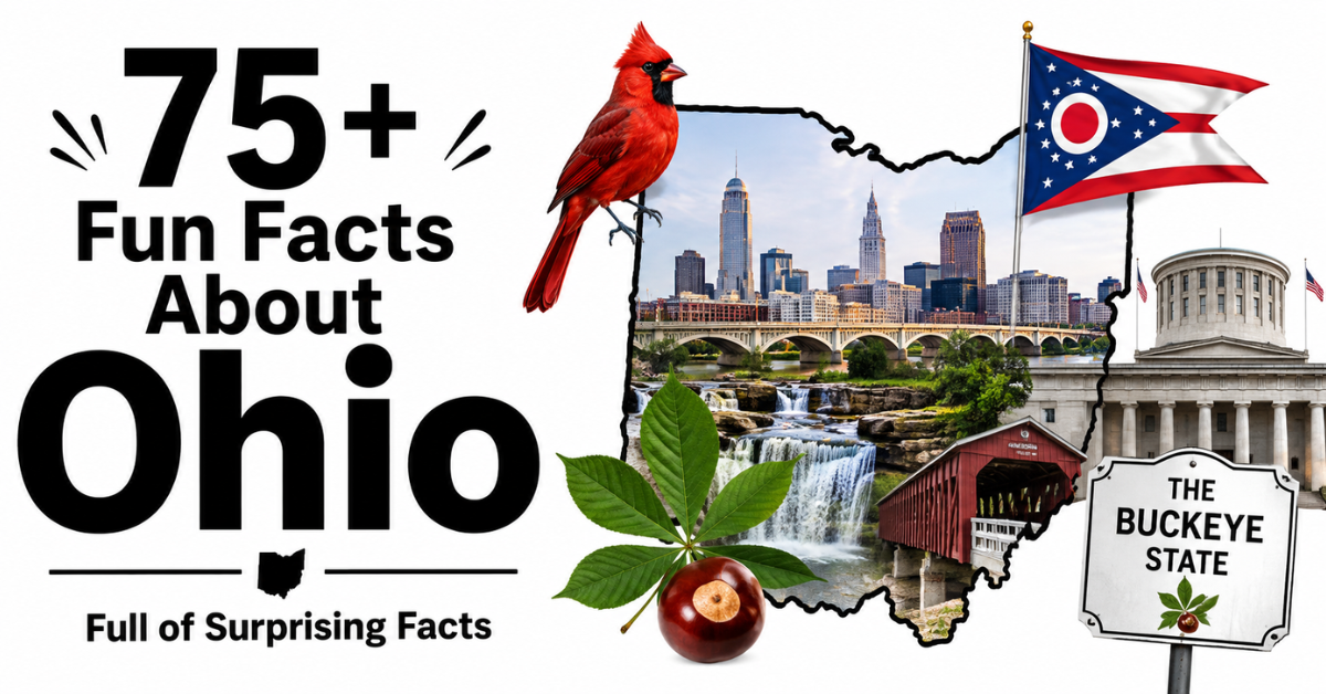 75+ fun facts about Ohio featuring the Ohio flag, cardinal, buckeye, state map, and landmarks