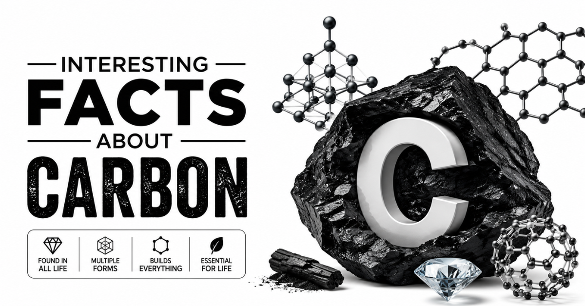 Interesting facts about carbon featuring carbon structures, diamond, graphene, charcoal, and a large carbon symbol.