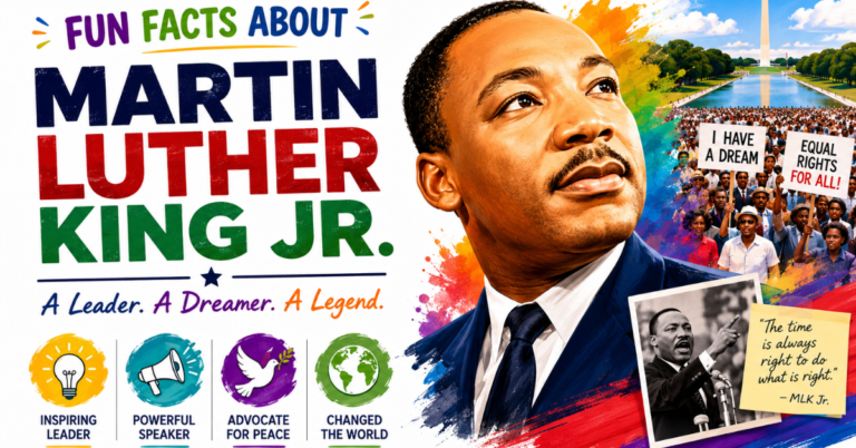Fun Facts About Martin Luther King Jr. featuring a colorful portrait, civil rights march, and inspirational imagery.