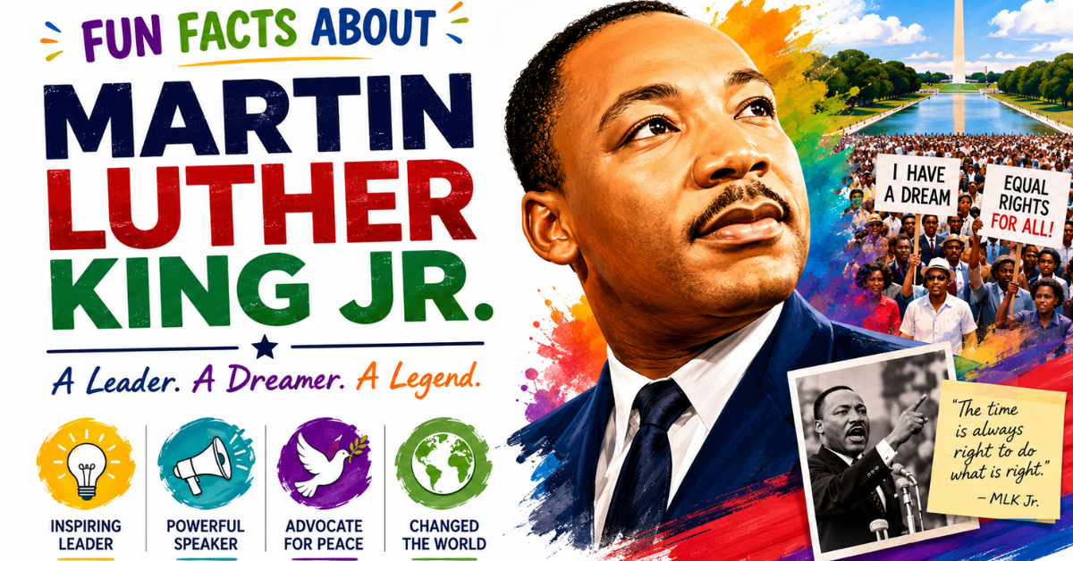 Fun Facts About Martin Luther King Jr. featuring a colorful portrait, civil rights march, and inspirational imagery.