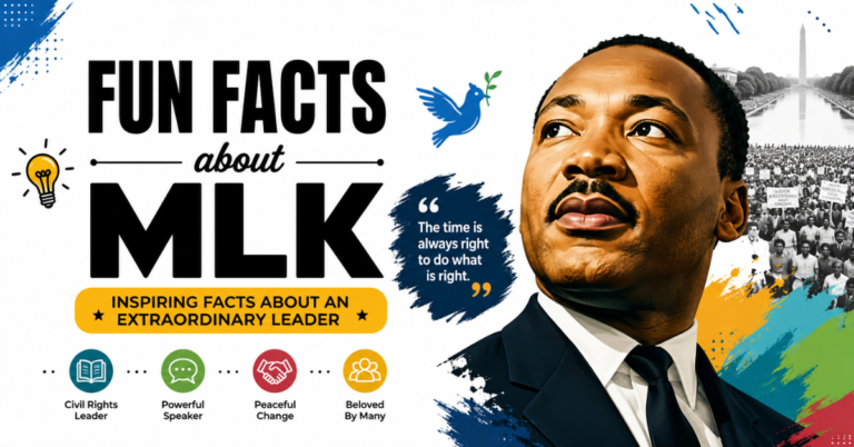 Fun facts about Martin Luther King Jr. featuring his portrait, civil rights imagery, and inspirational symbols.