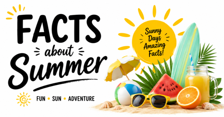 Facts About Summer feature image with a sunny beach scene, palm leaves, watermelon, sunglasses, beach ball, and refreshing citrus drink.