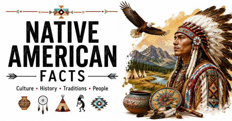Native American facts featuring Native American culture, traditions, history, pottery, tipis, and an eagle.