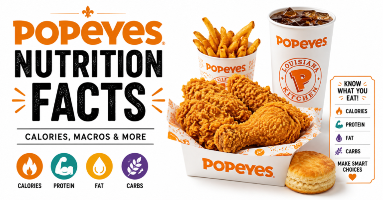 Popeyes nutrition facts featuring fried chicken, fries, biscuit, and soda with calories, protein, fat, and carbs information.