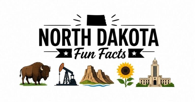 North Dakota Fun Facts featuring a bison, oil pumpjack, Badlands, sunflower, and North Dakota Capitol