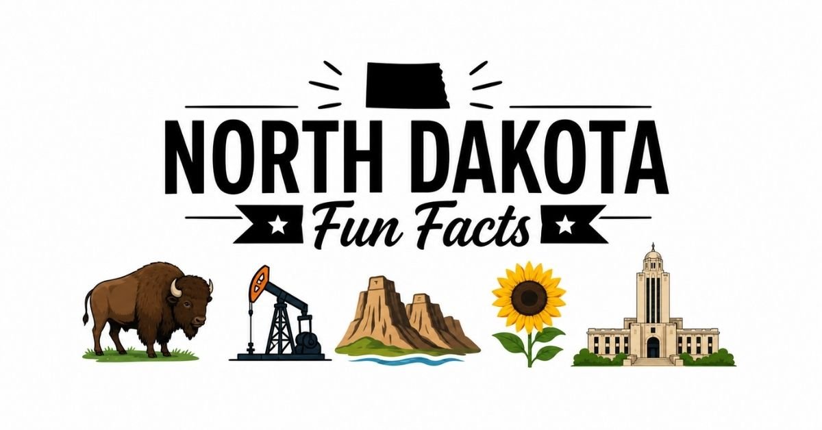 North Dakota Fun Facts featuring a bison, oil pumpjack, Badlands, sunflower, and North Dakota Capitol