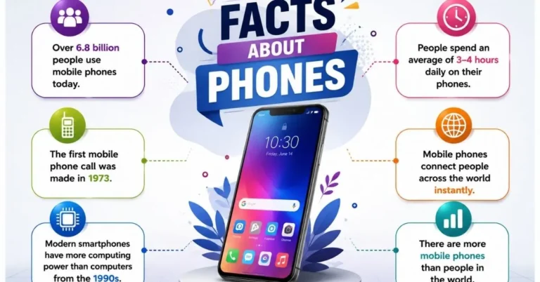Facts About Phones infographic with smartphone and interesting phone facts