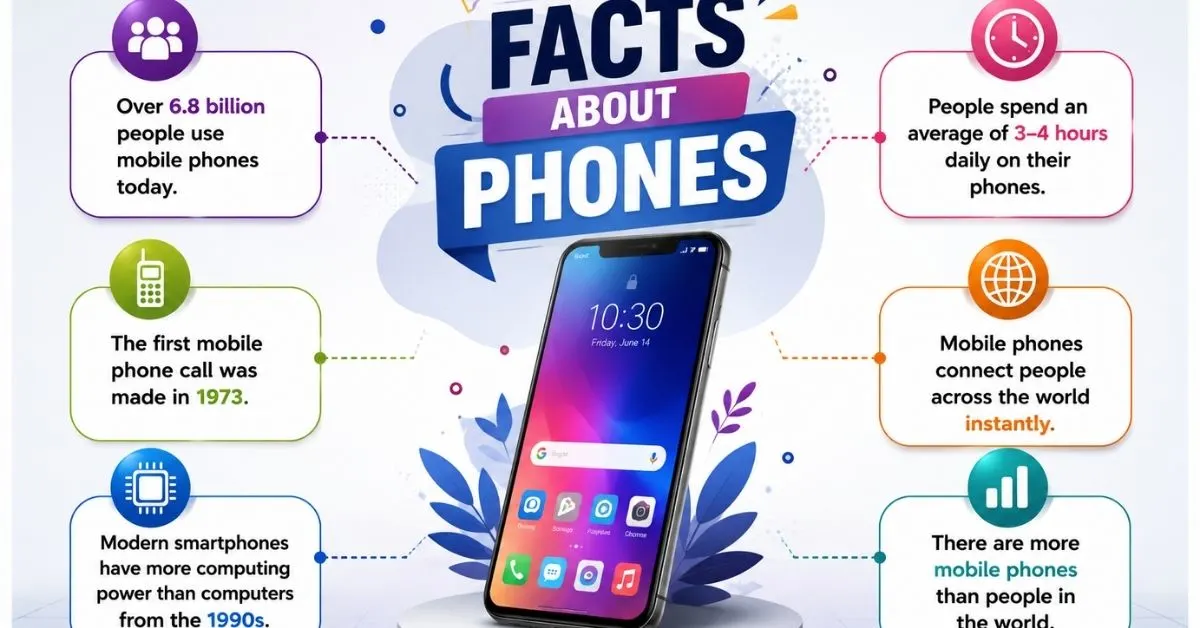 Facts About Phones infographic with smartphone and interesting phone facts