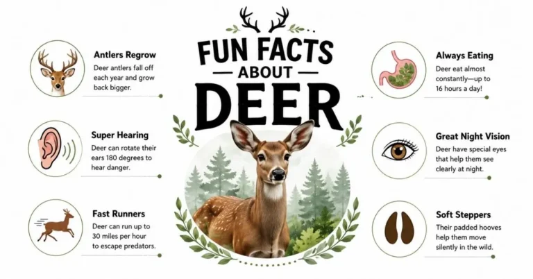 Fun facts about deer featuring a deer in a forest with interesting facts