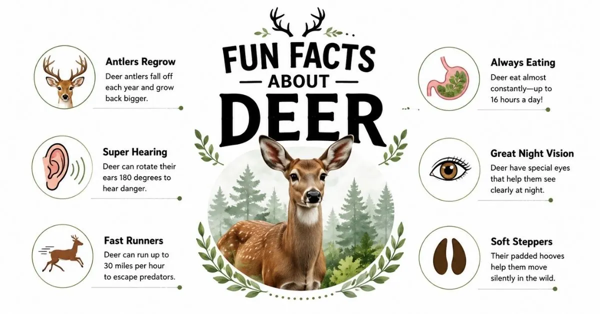 Fun facts about deer featuring a deer in a forest with interesting facts