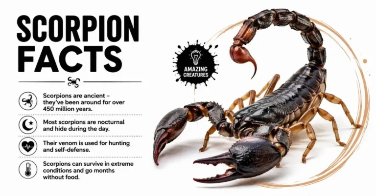 Scorpion Facts feature image showing a detailed scorpion with educational facts about its behavior, venom, and survival abilities.