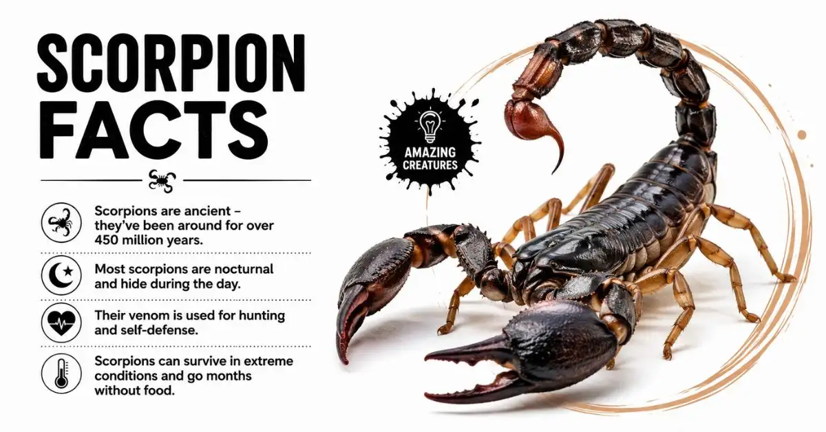 Scorpion Facts feature image showing a detailed scorpion with educational facts about its behavior, venom, and survival abilities.