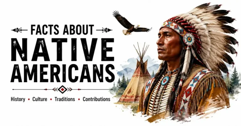 Facts About Native Americans featuring Native American culture, traditional clothing, teepee, eagle, and natural landscape.