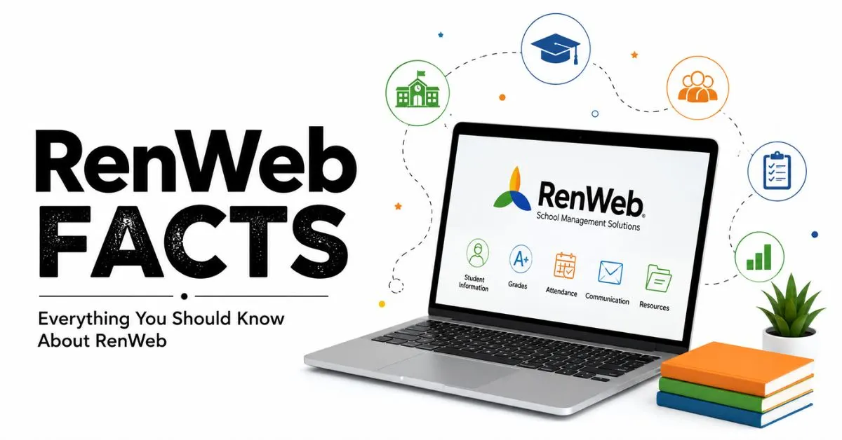 RenWeb facts feature image showing a laptop with school management tools, education icons, and RenWeb Facts text.