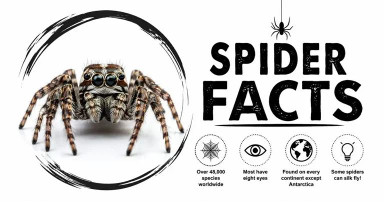 Spider Facts feature image with a close-up jumping spider and educational icons highlighting interesting spider facts.