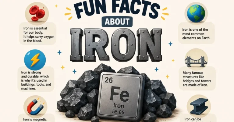 Fun facts about iron with iron element, iron ore, and useful facts infographic