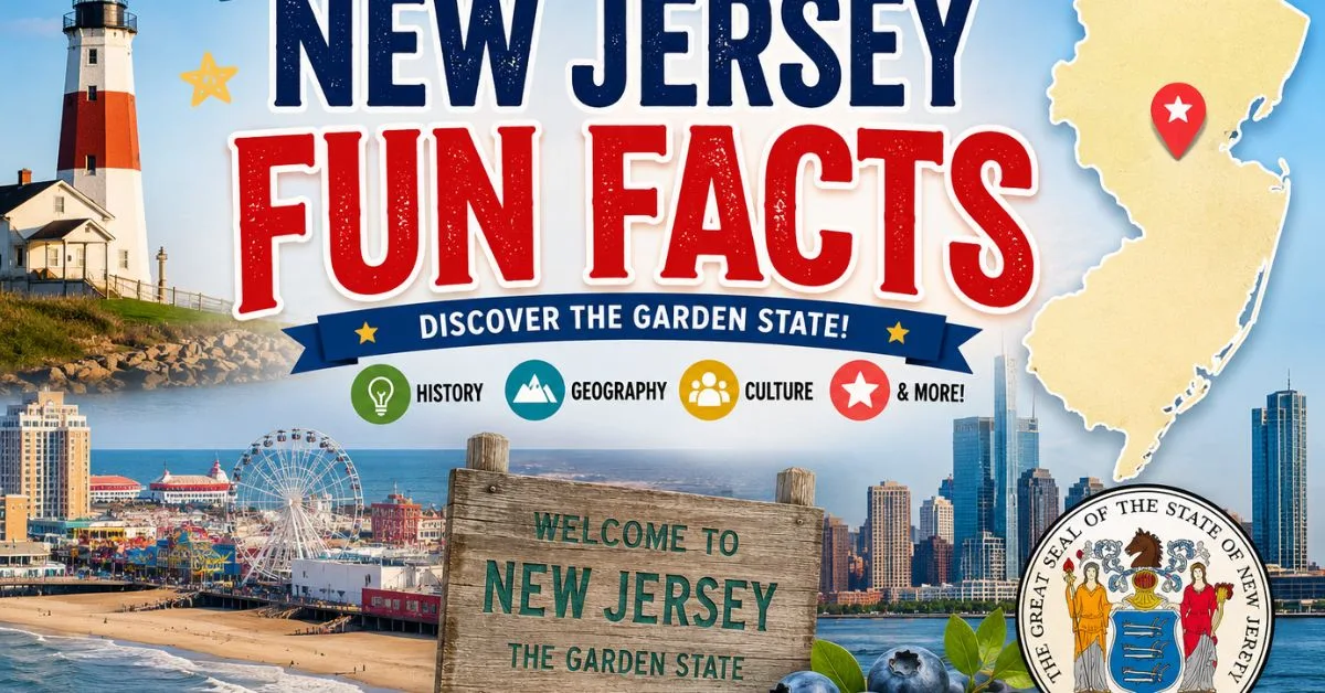 New Jersey fun facts featuring the Garden State, map, lighthouse, beach, and landmarks