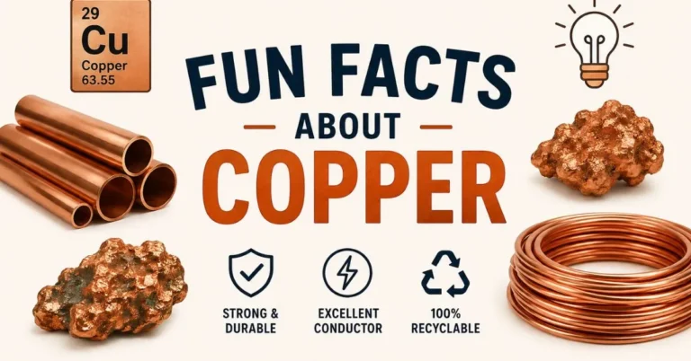 Fun Facts About Copper infographic featuring copper pipes, wire, copper ore, and key facts about its durability, conductivity, and recyclability.