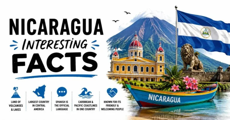 Nicaragua interesting facts featuring a volcano, national flag, historic cathedral, colorful boat, and tropical scenery.