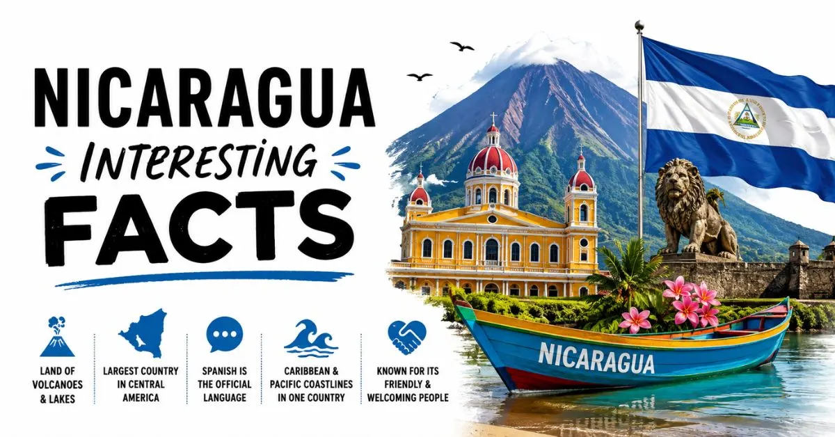 Nicaragua interesting facts featuring a volcano, national flag, historic cathedral, colorful boat, and tropical scenery.