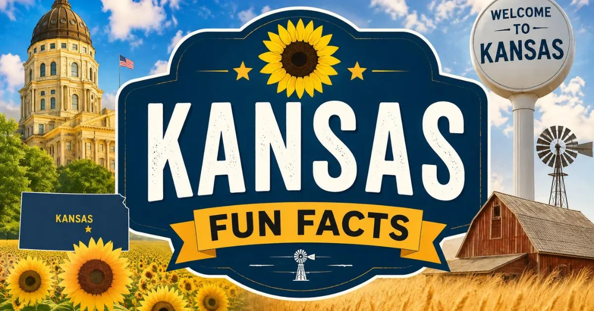 Kansas Fun Facts with sunflower fields, prairie, windmill, and Kansas landmarks