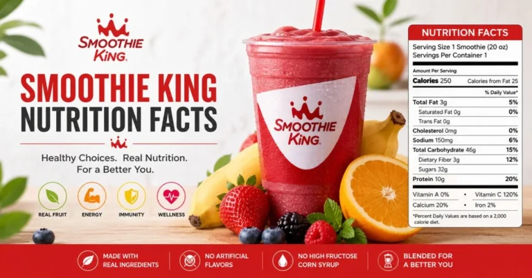 Smoothie King nutrition facts with a berry smoothie, fresh fruits, and a nutrition facts panel.