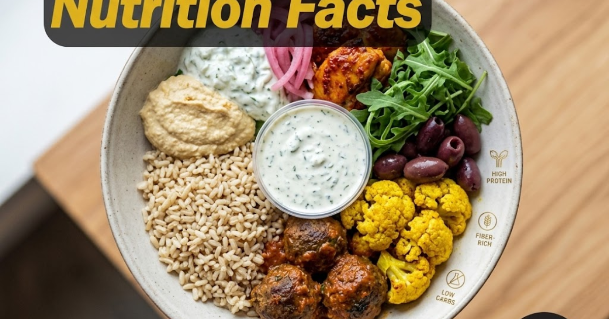 A overhead view of a Mediterranean nutrition bowl filled with brown rice, meatballs, turmeric cauliflower, olives, fresh arugula, seasoned chicken, hummus, tzatziki sauce, and pickled onions.