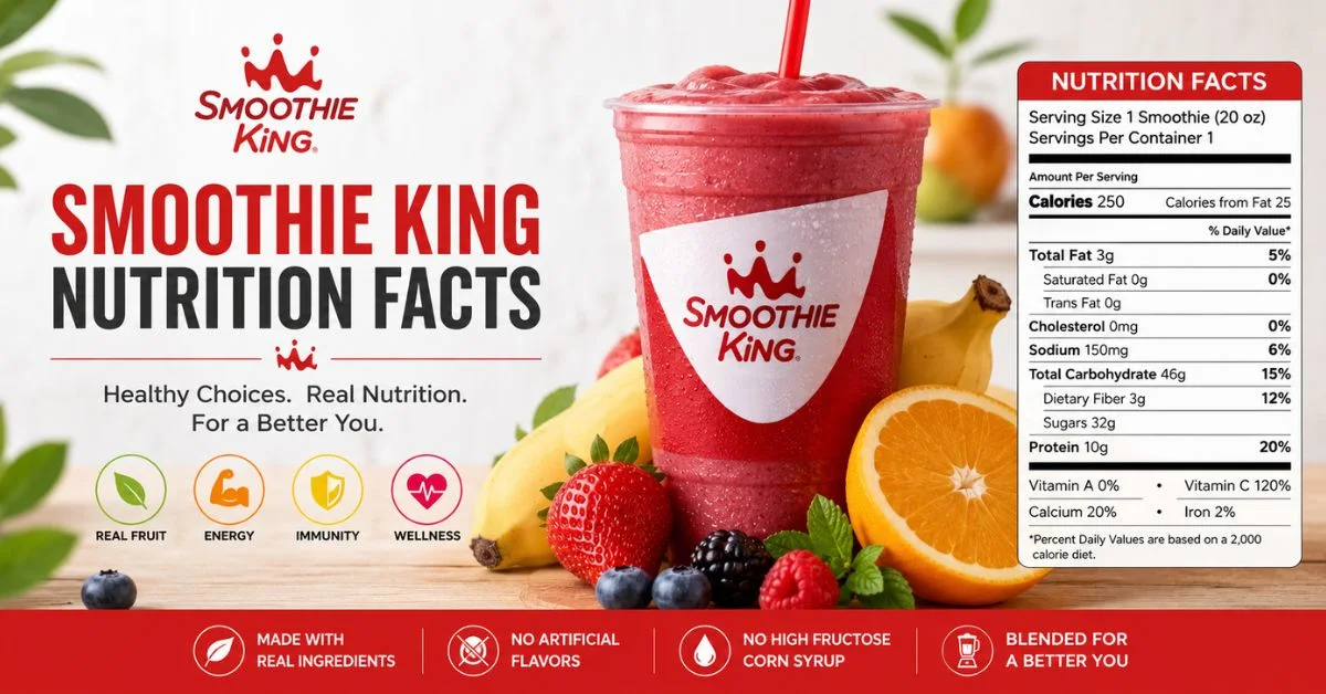 Smoothie King nutrition facts with a berry smoothie, fresh fruits, and a nutrition facts panel.