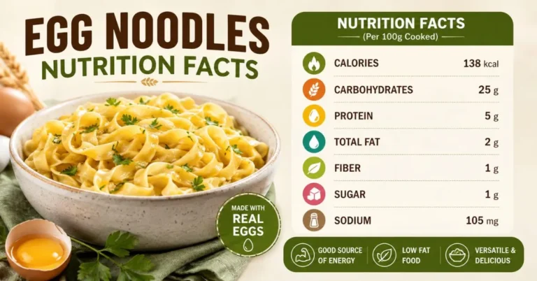 Egg noodles nutrition facts with calories, protein, carbohydrates, fat, fiber, sugar, and sodium information.