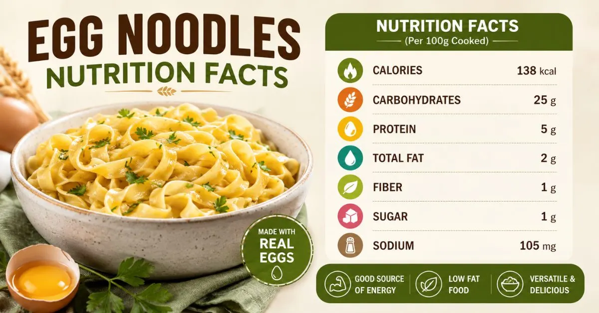 Egg noodles nutrition facts with calories, protein, carbohydrates, fat, fiber, sugar, and sodium information.
