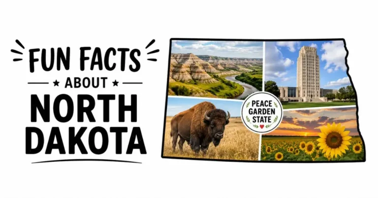 Fun facts about North Dakota featuring its landscape, bison, sunflower fields, and state landmarks.