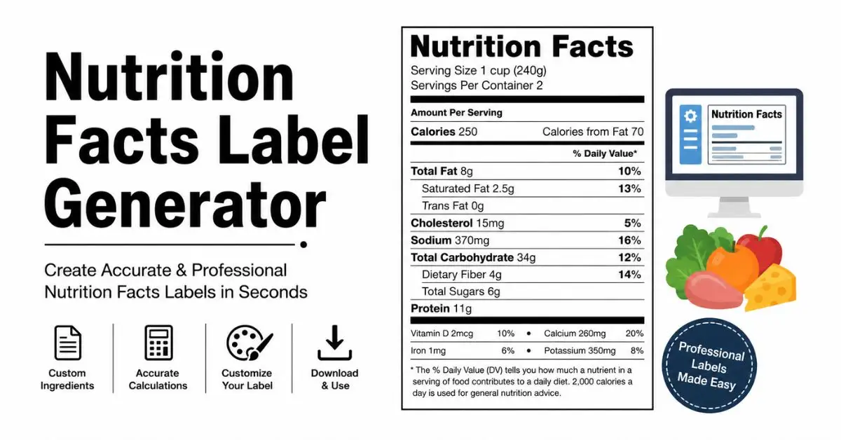 Nutrition Facts Label Generator with a sample nutrition label and food illustrations