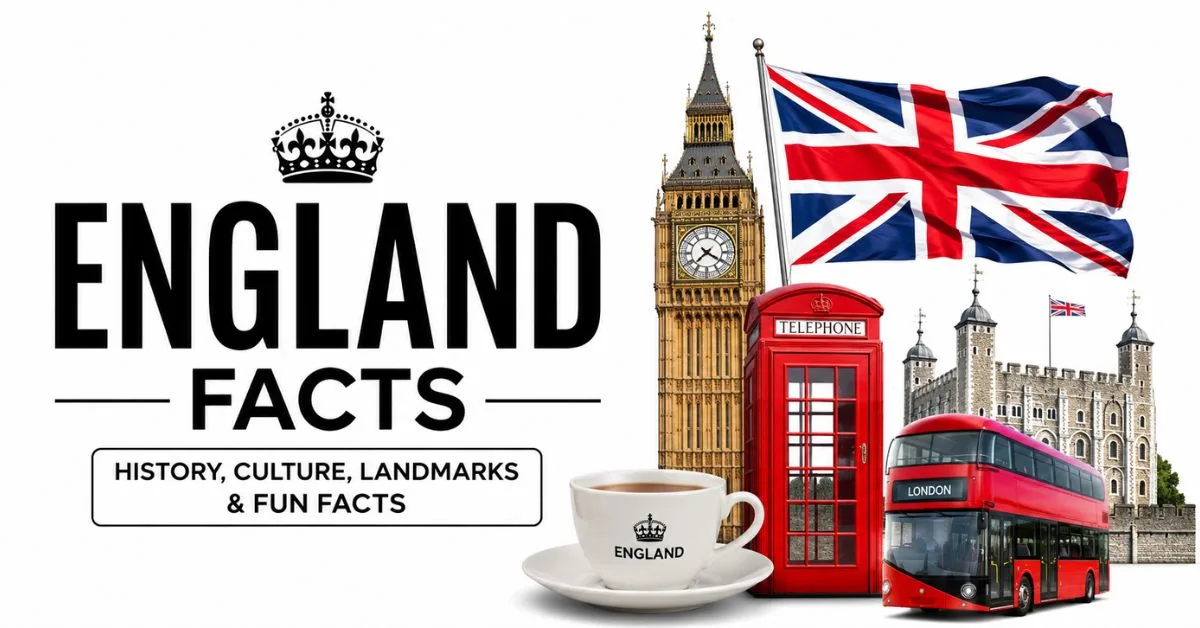 England facts featuring Big Ben, Union Jack, red telephone booth, Tower of London, and London bus