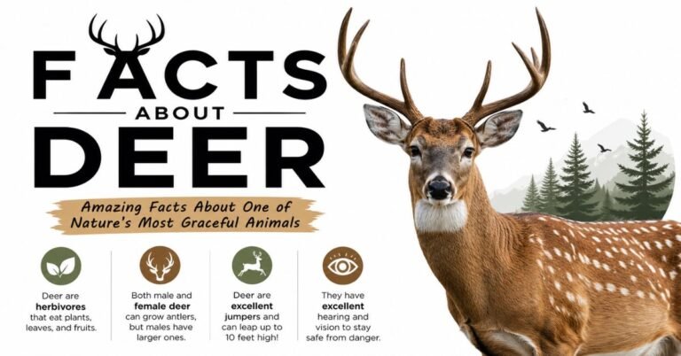 Facts about deer featuring a realistic spotted deer with antlers and nature-themed illustrations.