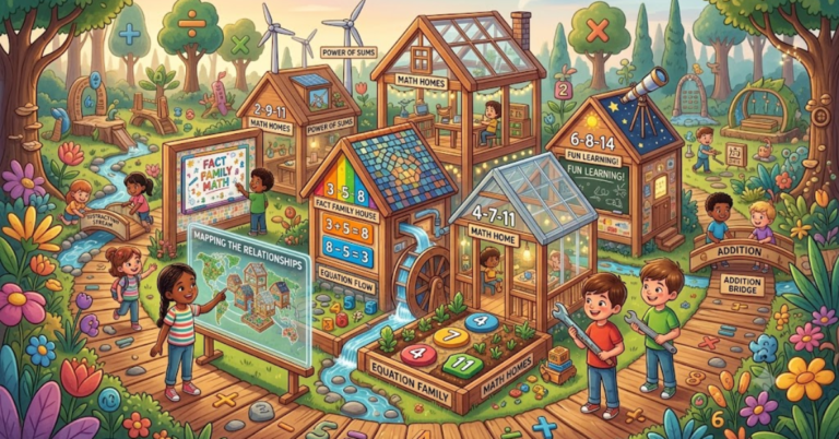 A colorful and creative fantasy math village illustration showing diverse children exploring interactive "Fact Family Houses," a number garden, and glowing math equations to learn number relationships in a fun, engaging way.