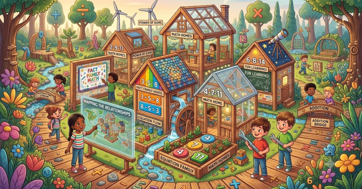 A colorful and creative fantasy math village illustration showing diverse children exploring interactive "Fact Family Houses," a number garden, and glowing math equations to learn number relationships in a fun, engaging way.