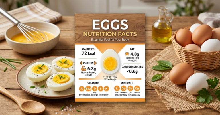 Eggs nutrition facts infographic displaying calories, protein, fats, and vitamins on a wooden kitchen table background.
