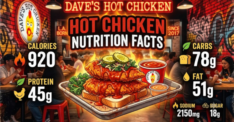 Dave's Hot Chicken Nutrition Facts featuring tender, fries, sauce, and a breakdown of calories, protein, carbs, and fat on a modern restaurant banner.