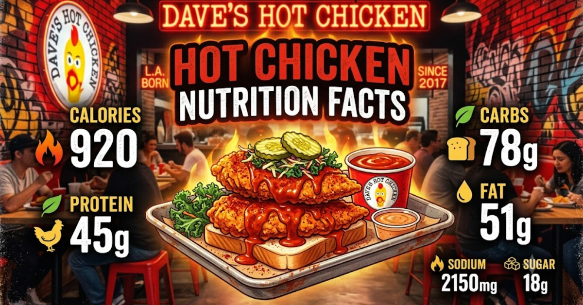 Dave's Hot Chicken Nutrition Facts featuring tender, fries, sauce, and a breakdown of calories, protein, carbs, and fat on a modern restaurant banner.